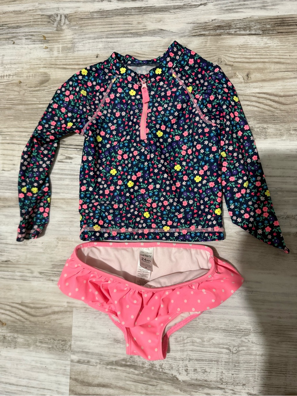 Carter's Navy Floral Rash Guard with Pink Polka Swim Bottoms